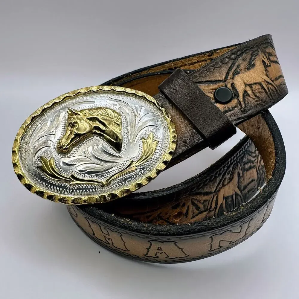 Vtg Horse Rodeo Riding Buckle Tooled Belt Alpaca Mexico Kids Child XS Stephanie